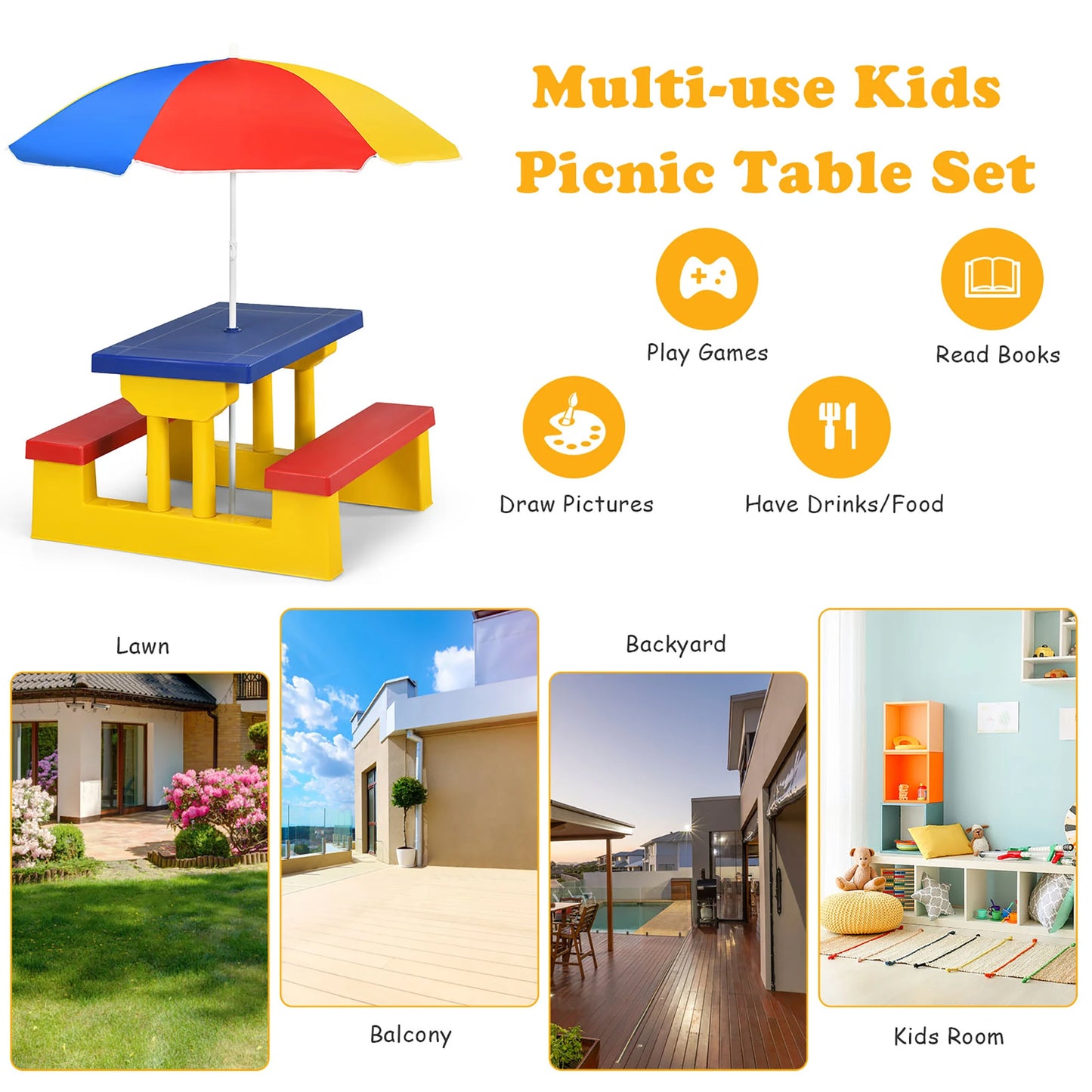 Homasish Kids Picnic Table Set with Removable Umbrella