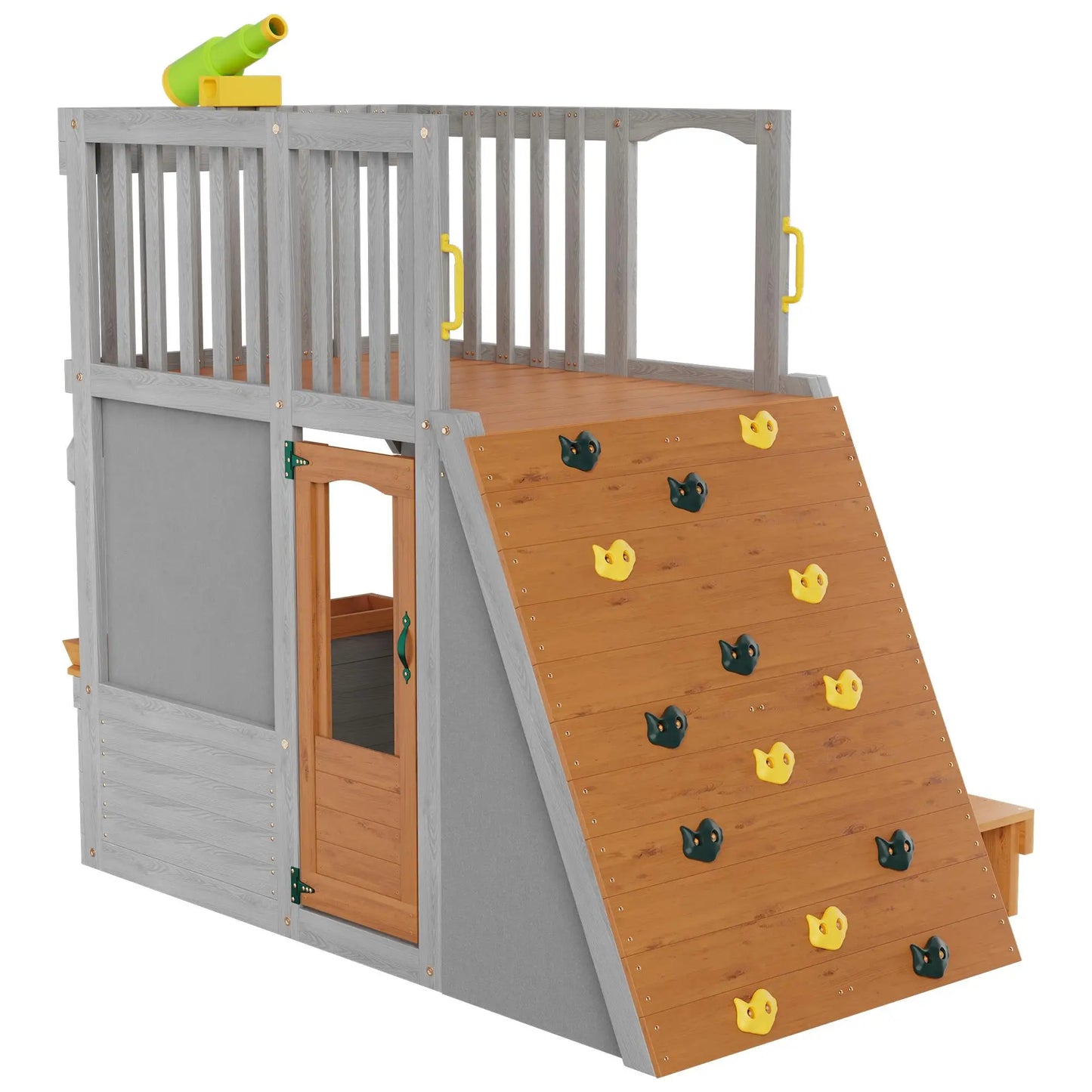 Large Wooden Kids Playhouse with Lookout and Climbing Ramp