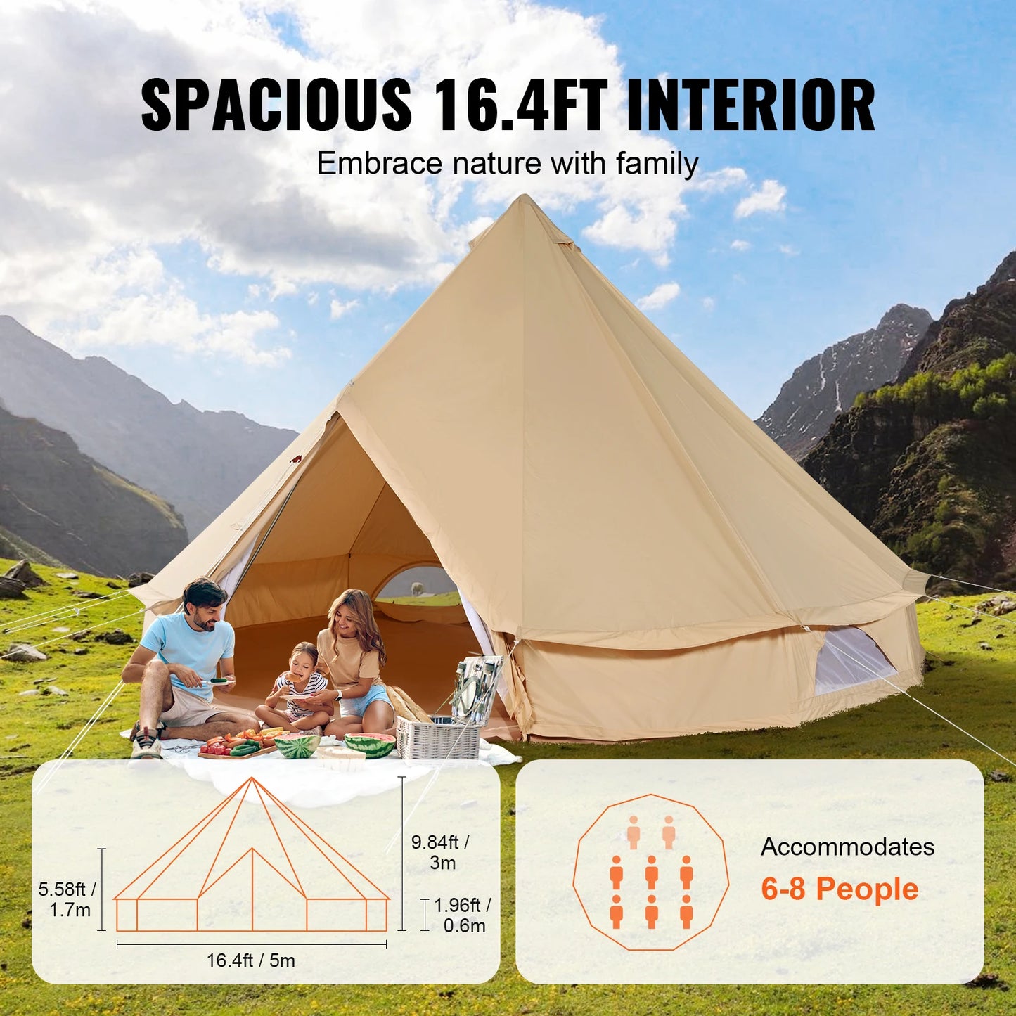 VEVOR Canvas Bell Tent All Season Camping Holds Eight People