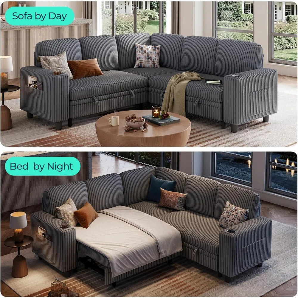 Corduroy Sectional Sleeper Sofa With Storage USB Charging