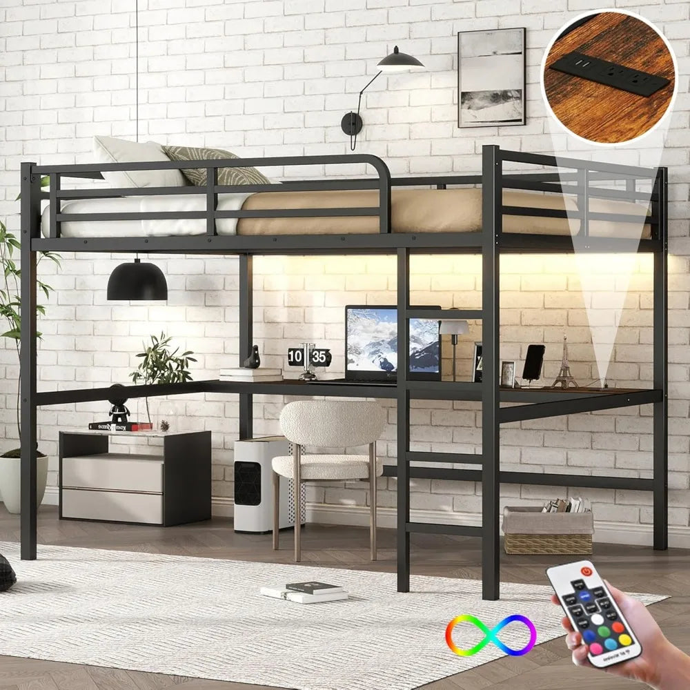 Queen Size Loft Bed With Desk LED And USB Charging