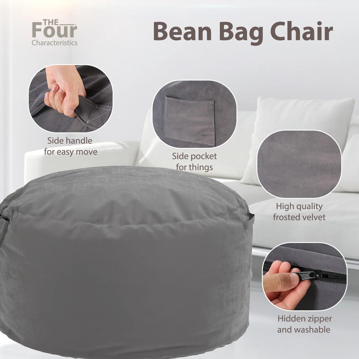 Oversized 3/4FT Bean Bag Chair with Washable Cover for Comfort