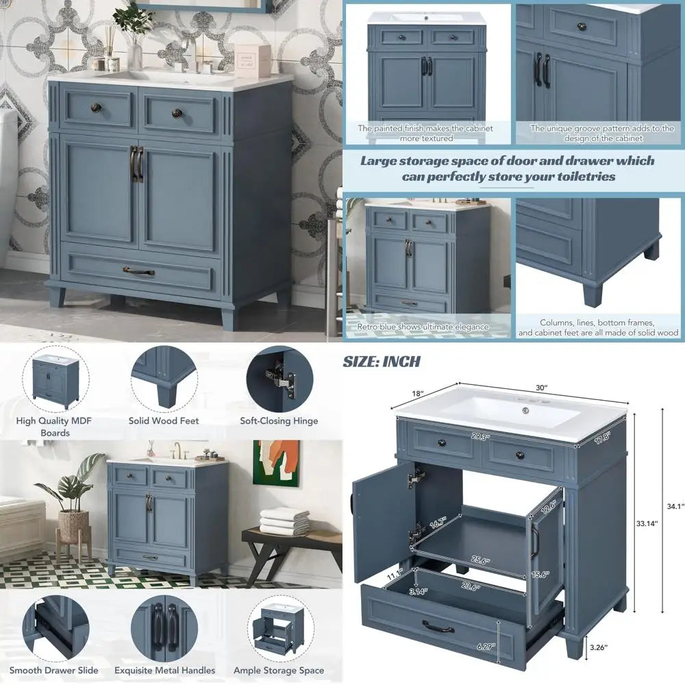 30 Inch Blue Solid Wood Vanity with Sink and Storage Space