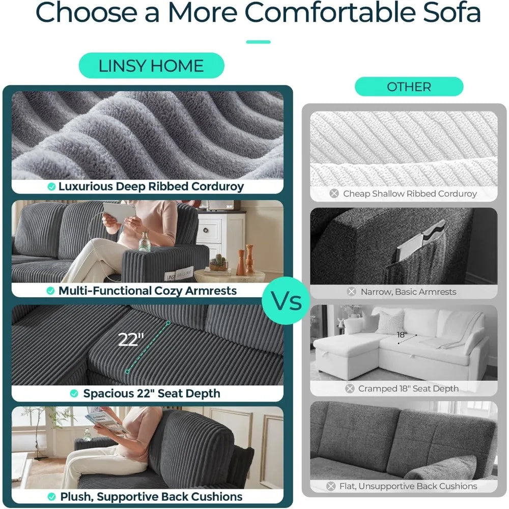 Corduroy Sectional Sleeper Sofa With Storage USB Charging