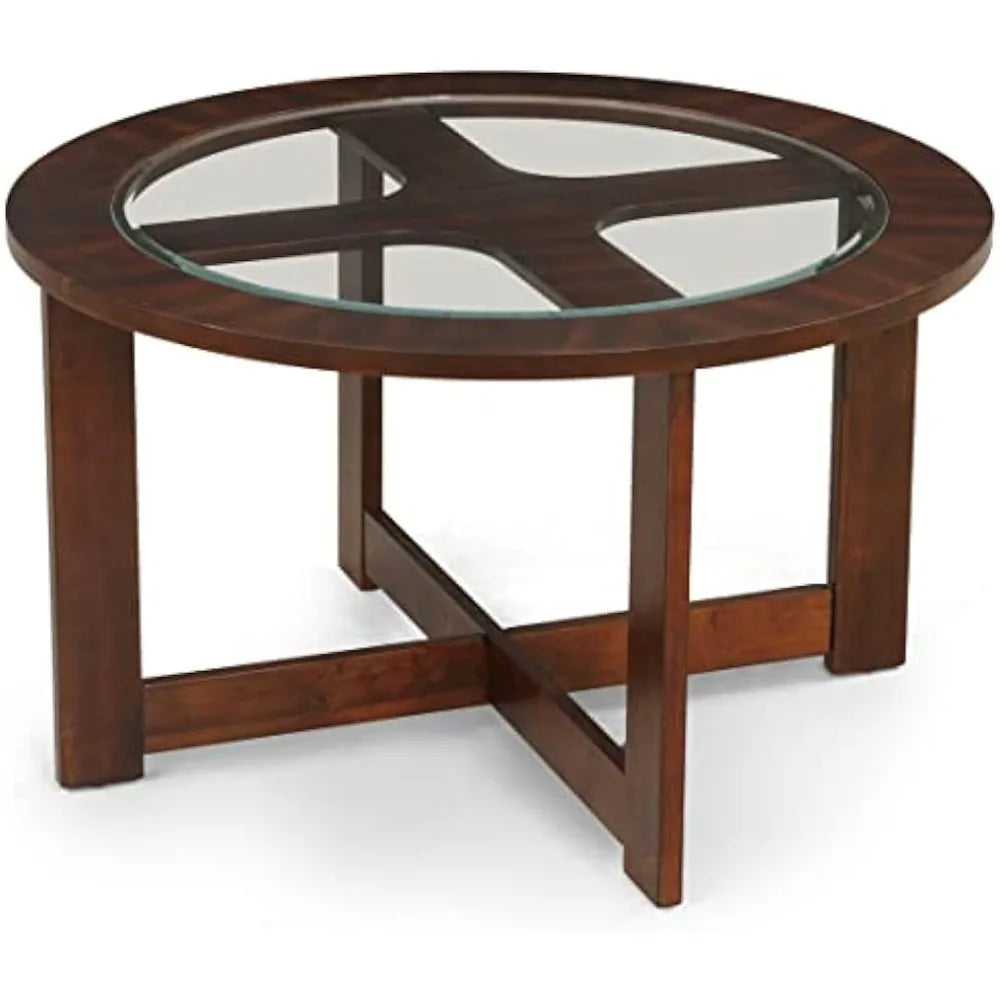 Espresso Glass Top Round Coffee Table With Stools Set