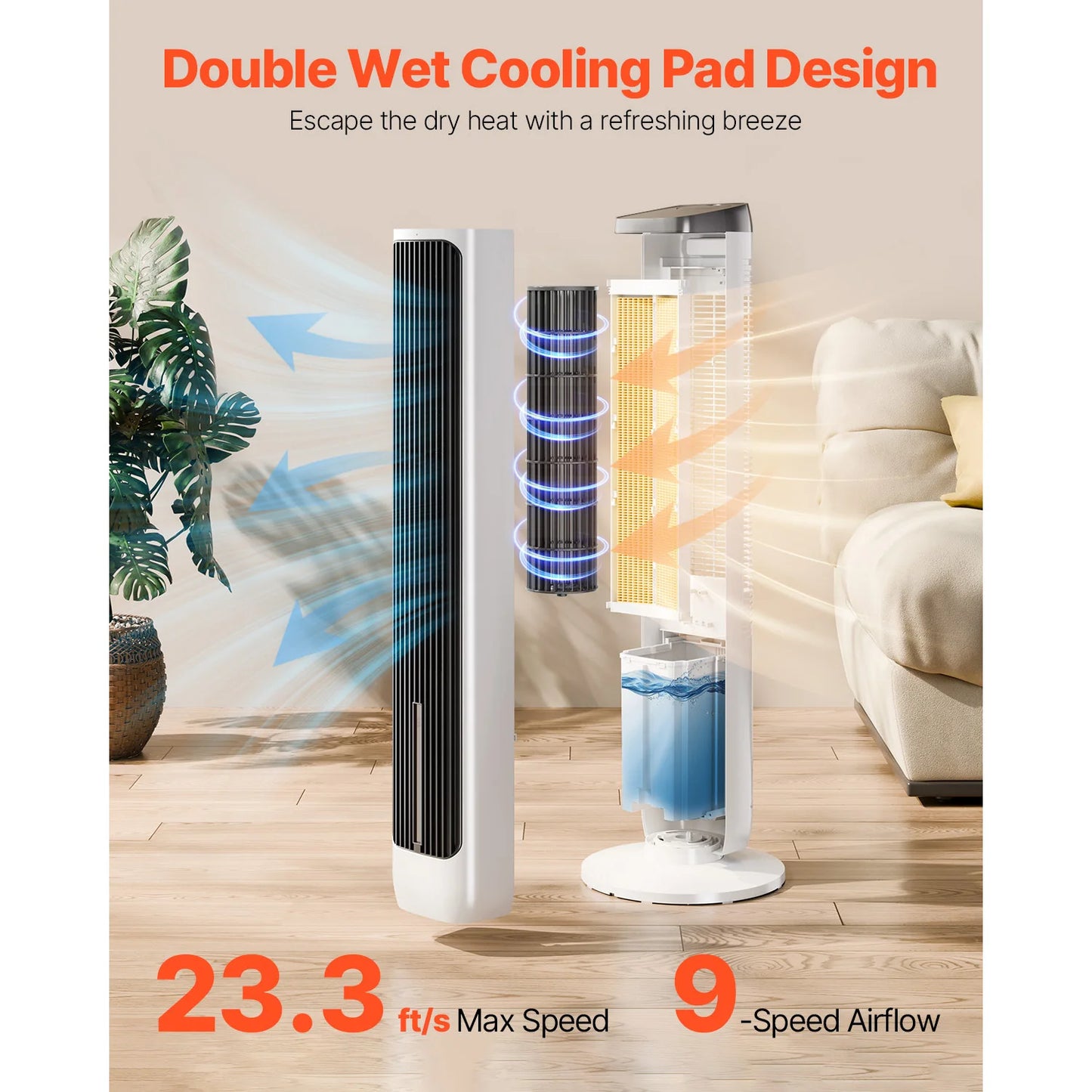 VEVOR Tower Fan with 70 Degree Oscillation and 9 Speed Settings