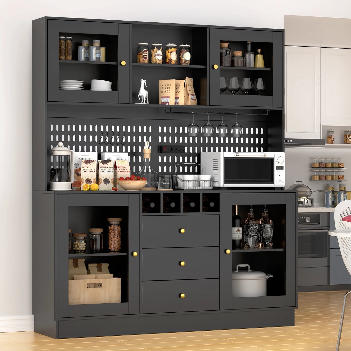 Modern Black Kitchen Storage Cabinet with Power Outlet and Pegboard