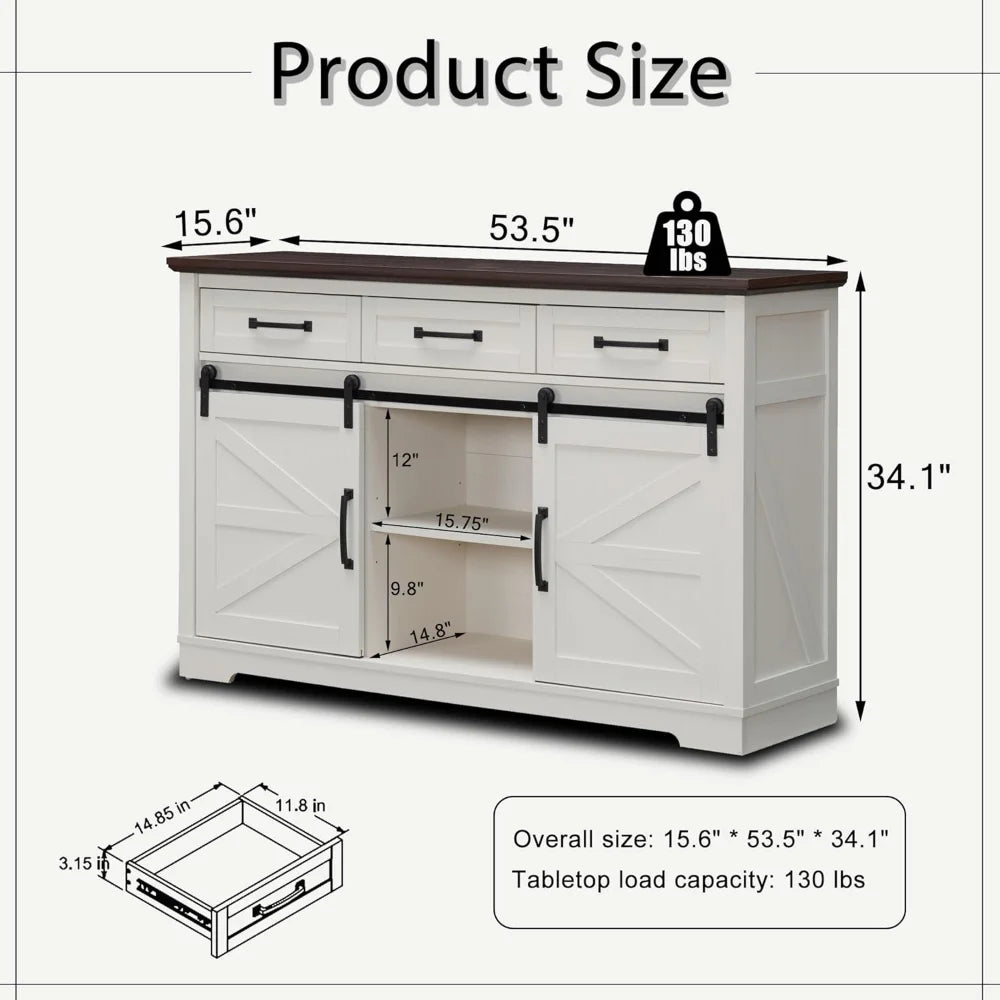 Farmhouse Buffet Cabinet With 3 Drawers And Sliding Door