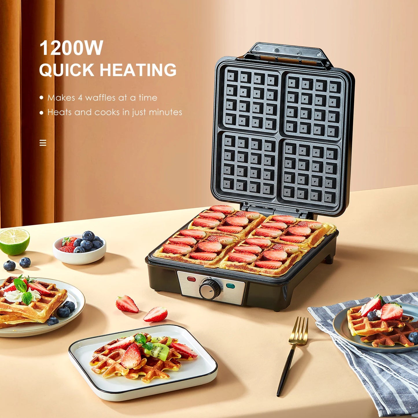 Belgian Waffle Maker 4 Slice Nonstick 3 Browning Levels