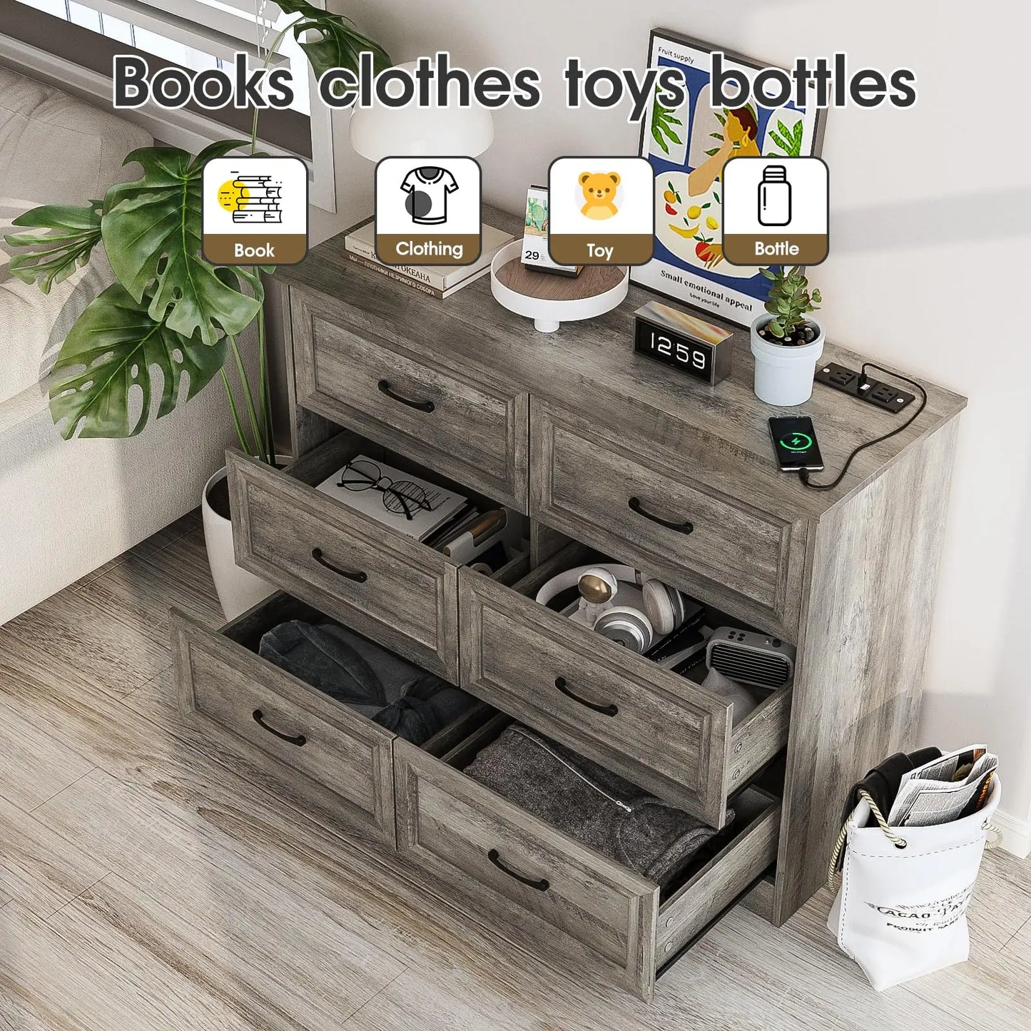 Vabches 6 Drawer Dresser With Power Strip for Stylish Bedroom Storage