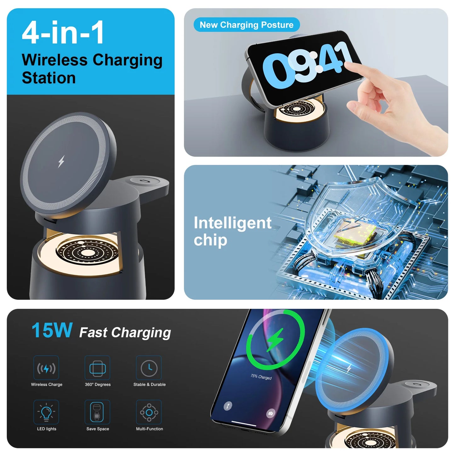 4 In 1 Magnetic Wireless Charger 15W Charging Nightlight