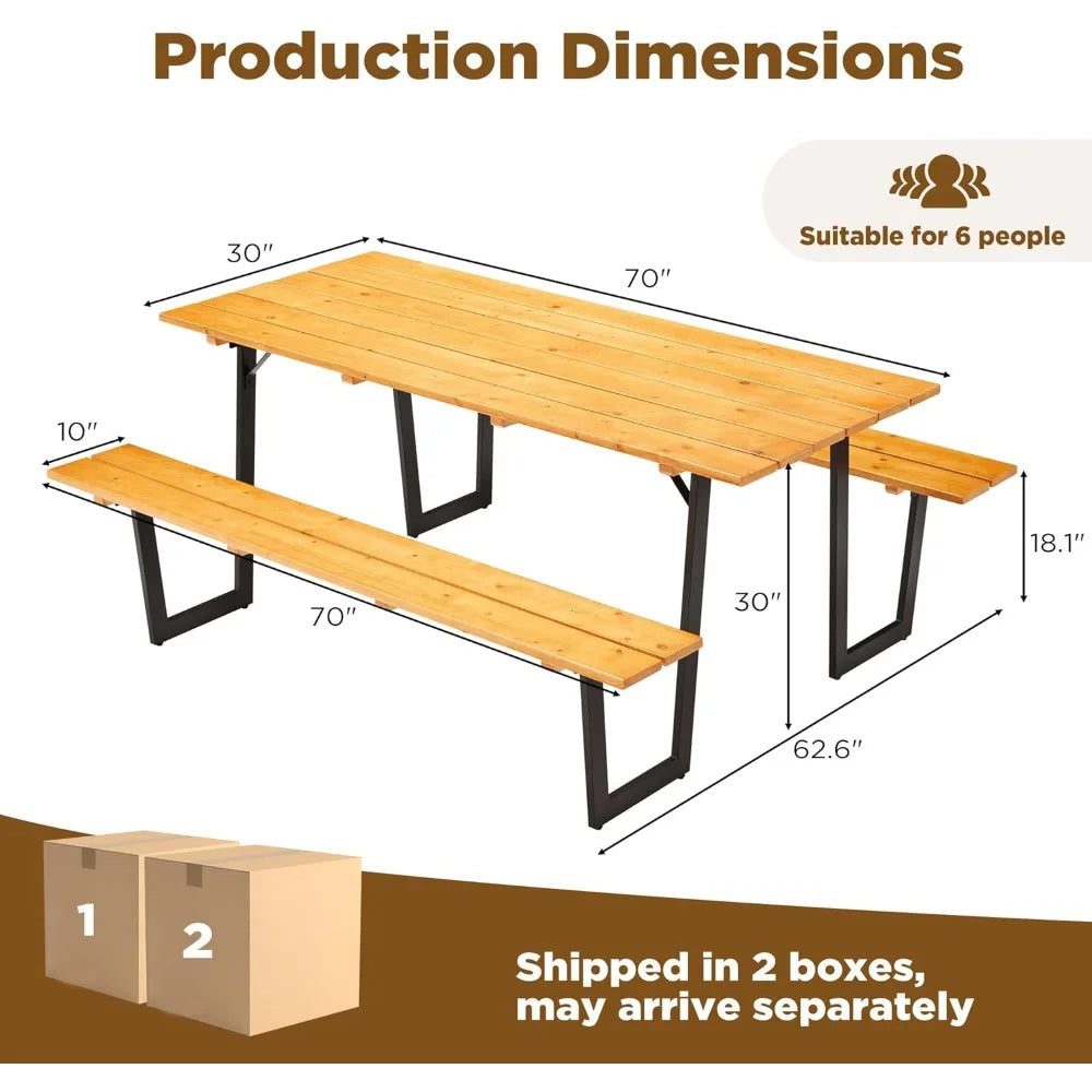 Wood Picnic Table Durable With Bench Set For Outdoor Patio