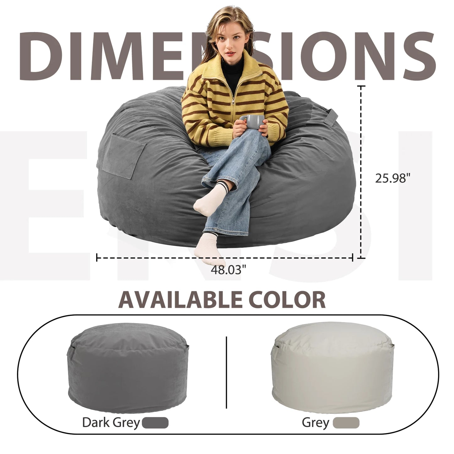 Oversized 3/4FT Bean Bag Chair with Washable Cover for Comfort