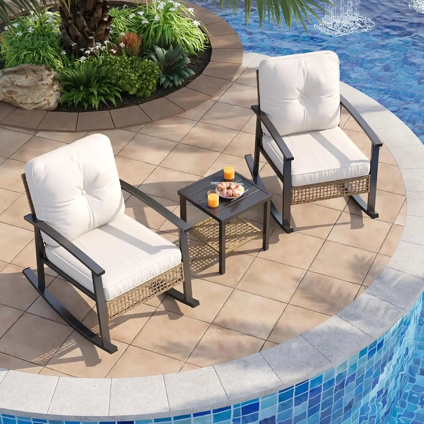 Outdoor Rocking Bistro Set With Cushioned Wicker Chairs
