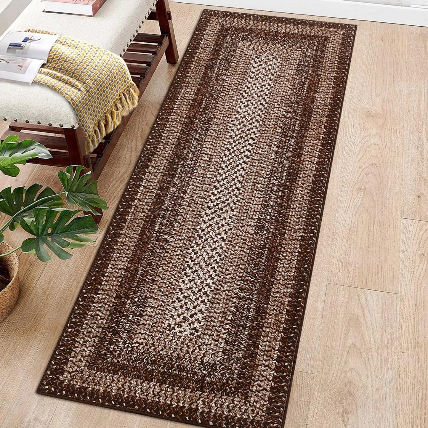 Washable Area Rug Non Slip Braided Print Living Room