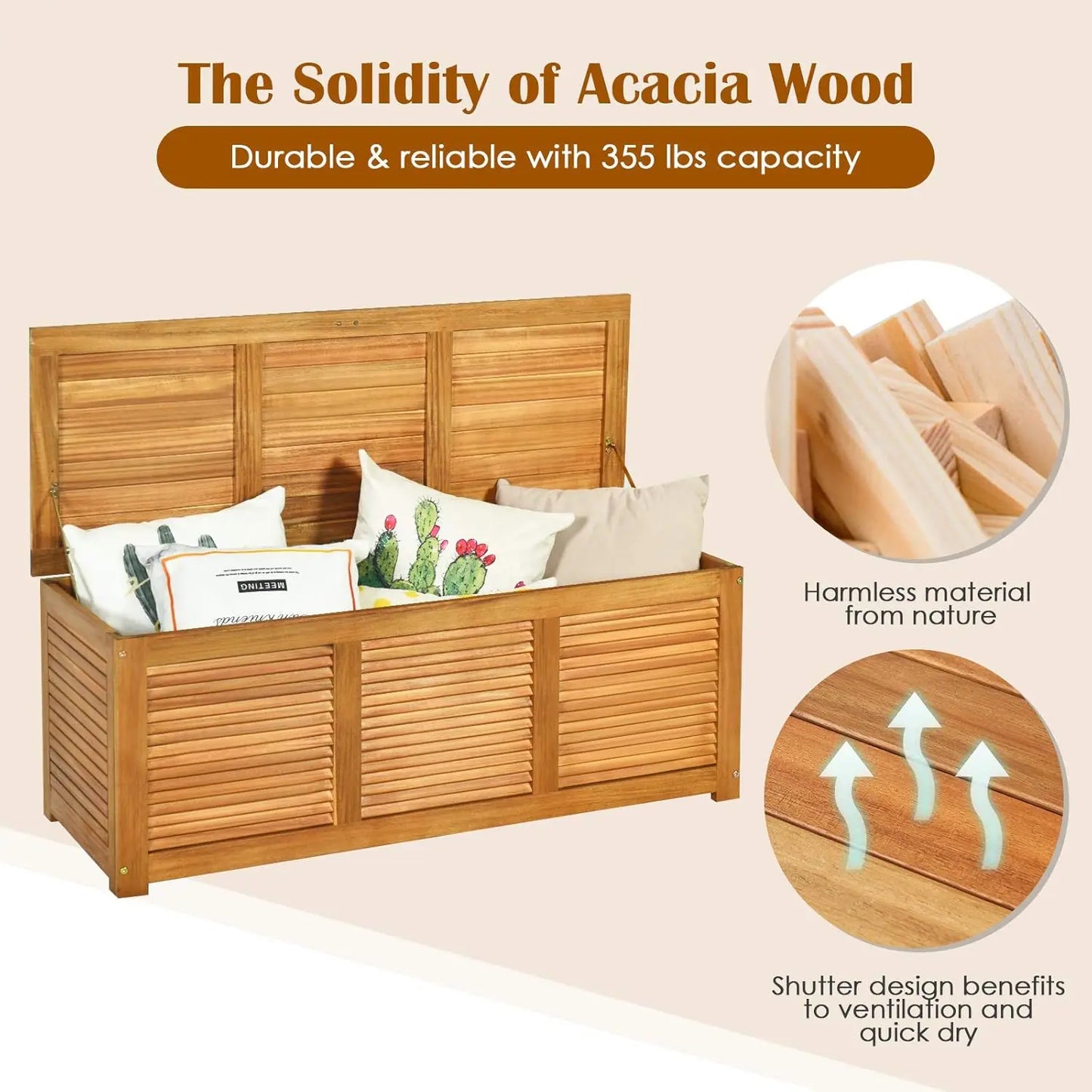 Acacia Wood Deck Box Outdoor Storage Bench For Cushions