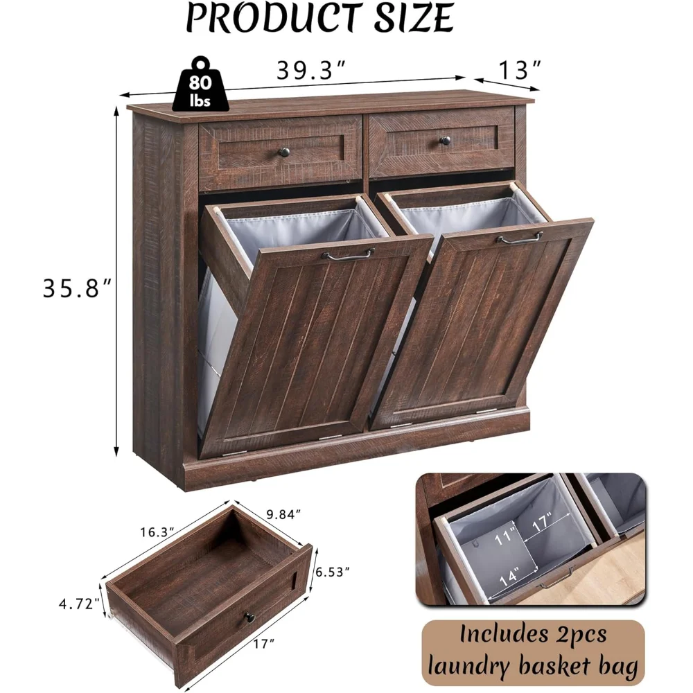 Double Tilt Out Laundry Hamper Cabinet With Drawer