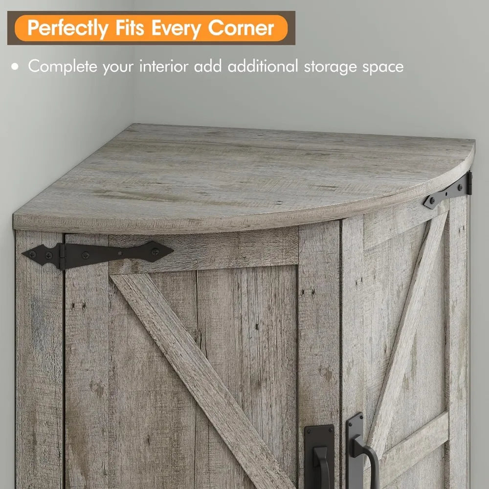 Farmhouse Grey Tall Corner Cabinet With Barn Door Design