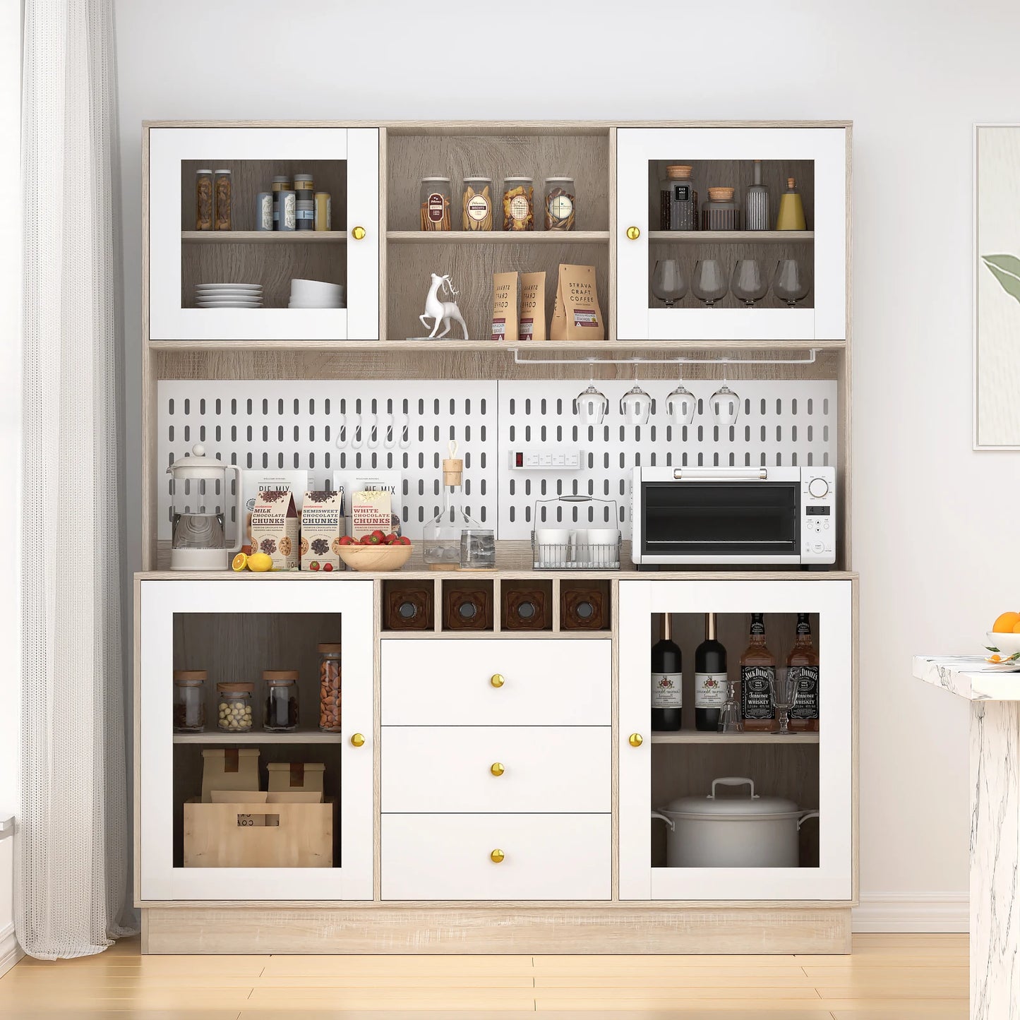 Modern Black Kitchen Storage Cabinet with Power Outlet and Pegboard