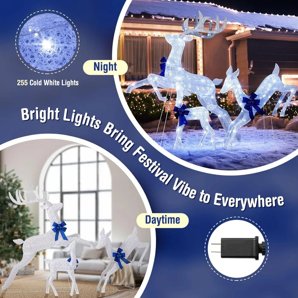 Lighted Christmas Reindeer Set 3 Pieces Bright White Lights
