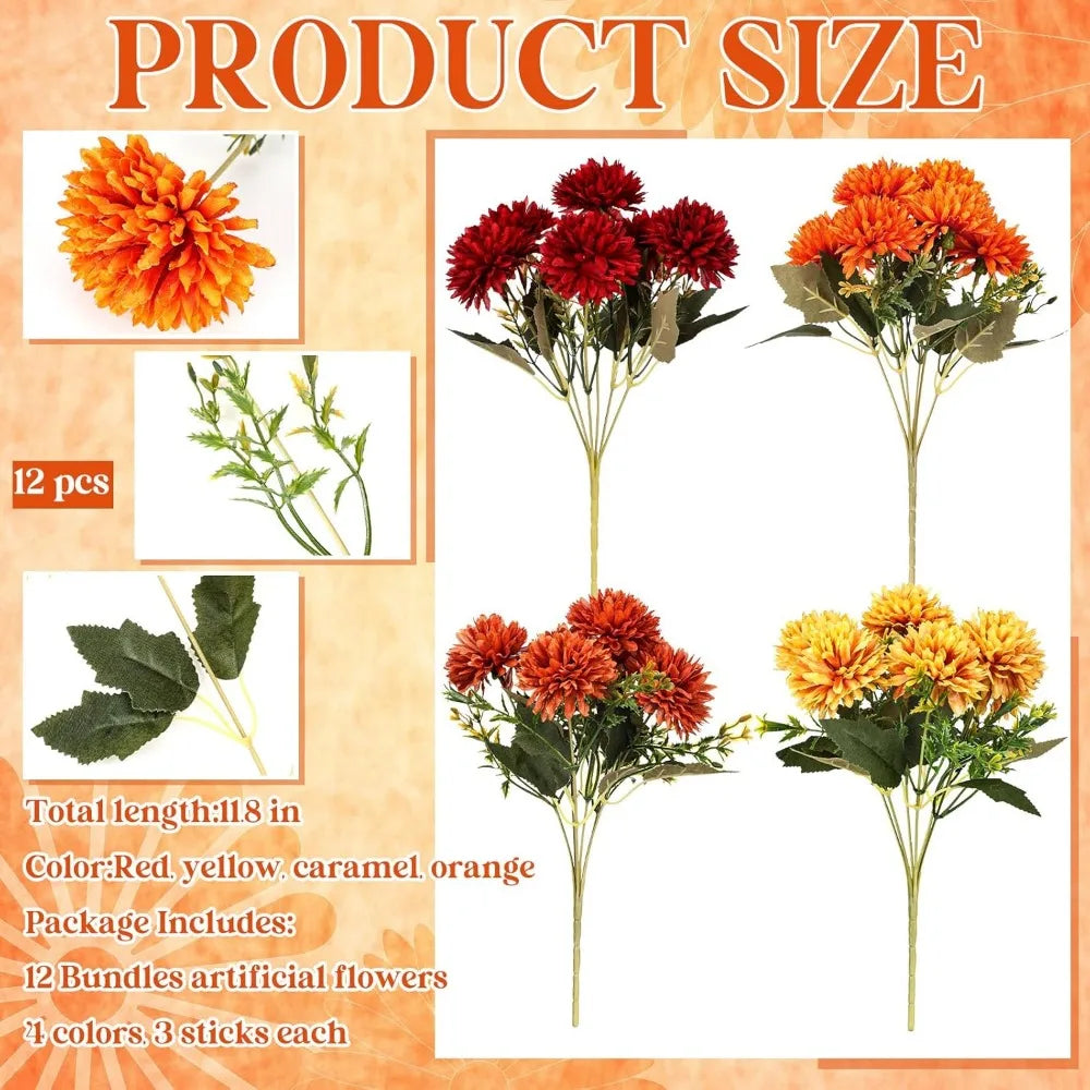 Artificial Silk Mums Bouquet 12 Pcs Burnt Orange Fall Decor
