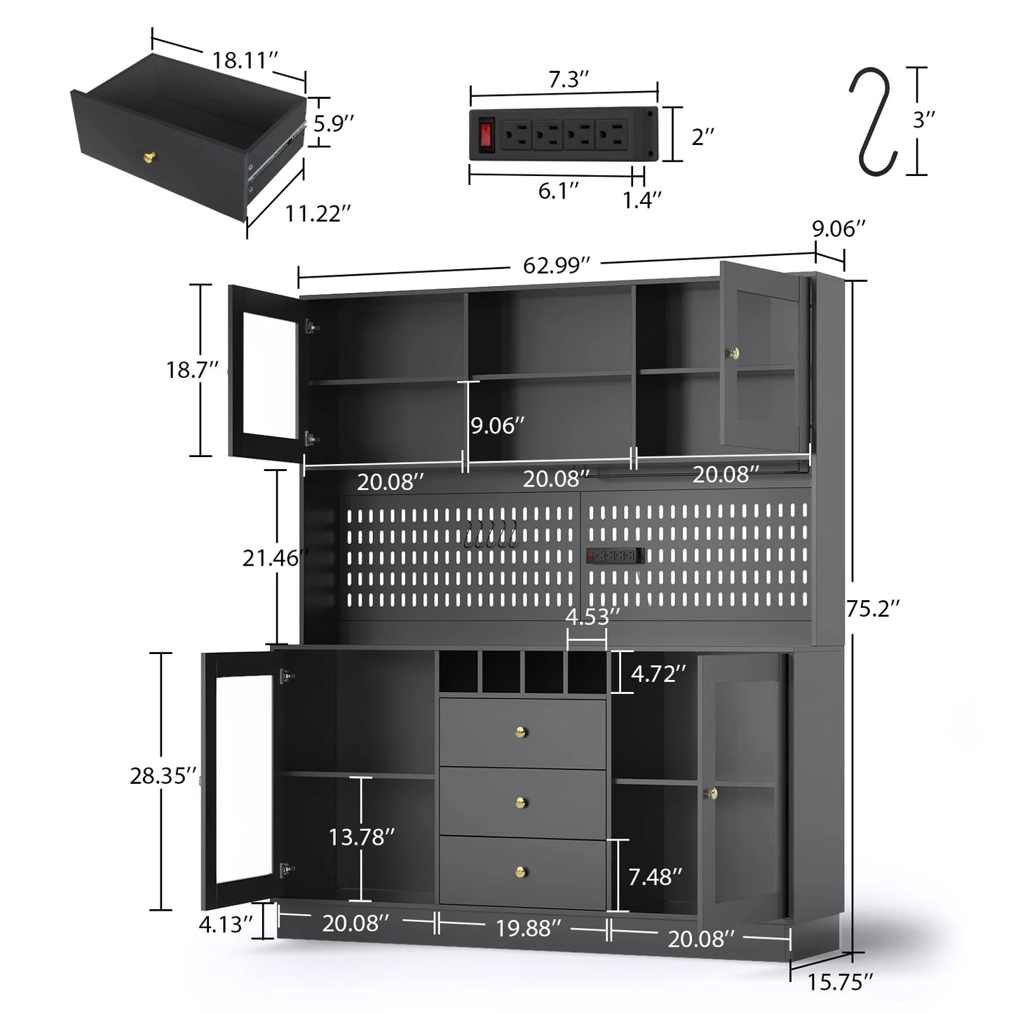Modern Black Kitchen Storage Cabinet with Power Outlet and Pegboard