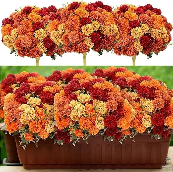 Artificial Silk Mums Bouquet 12 Pcs Burnt Orange Fall Decor