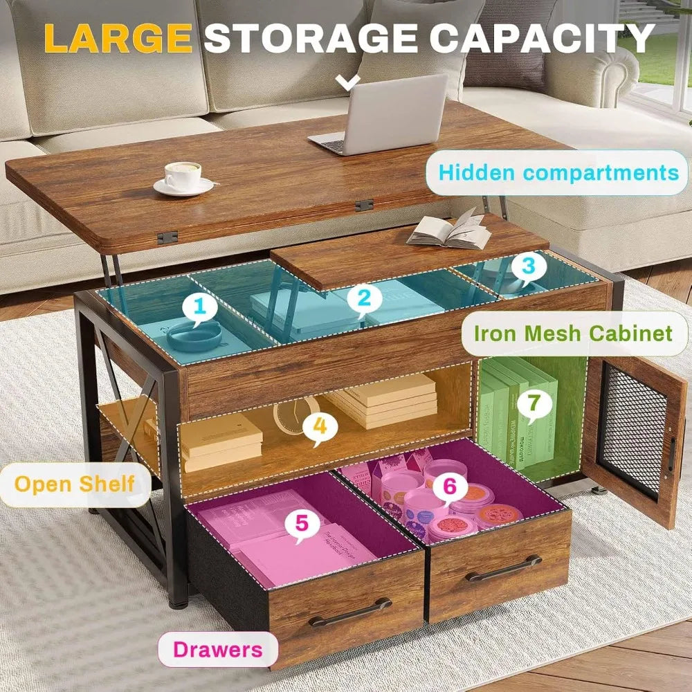 40 Inches Lift Top Coffee Table With Storage And LED