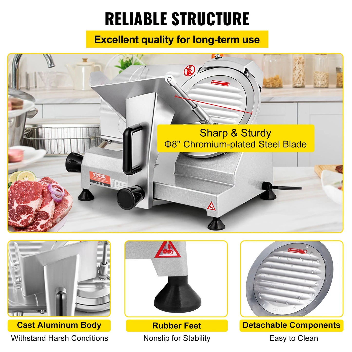 VEVOR 8 Inch Meat Slicer with Adjustable Thickness for Home and Commercial Use