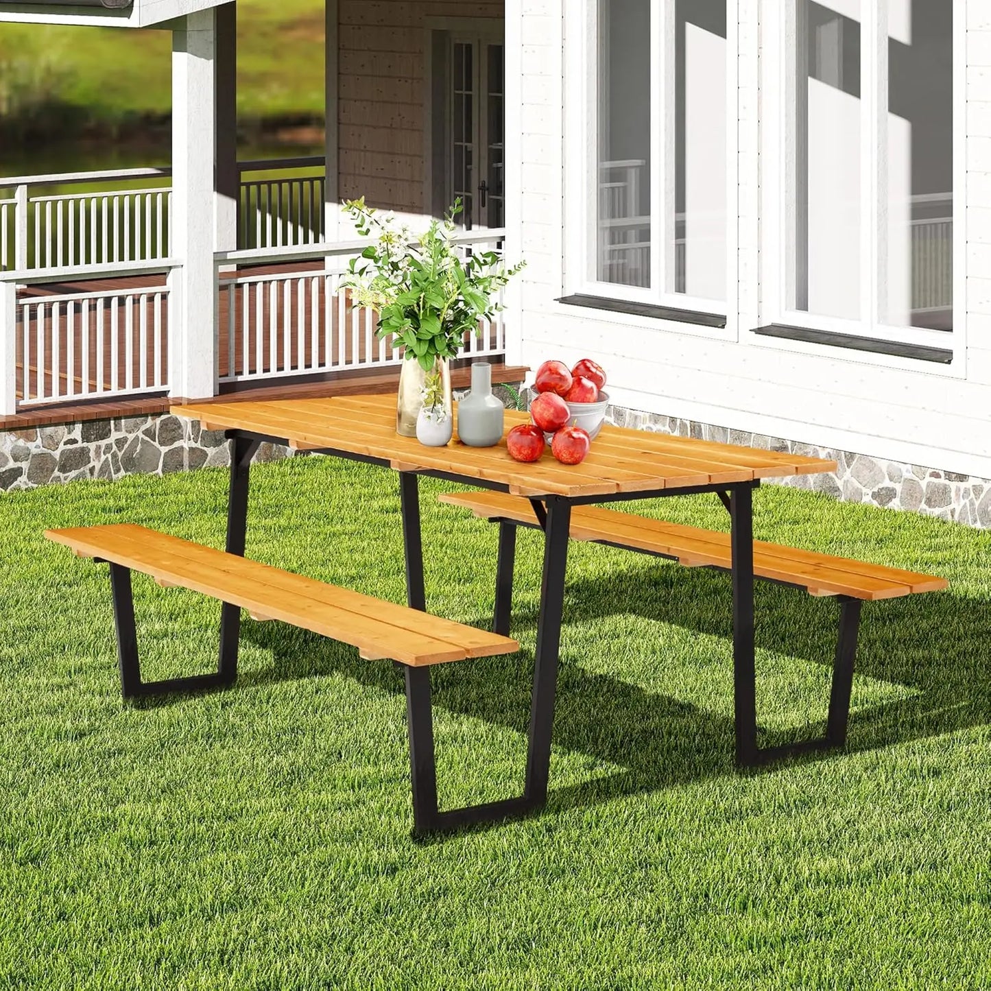 Wood Picnic Table Durable With Bench Set For Outdoor Patio