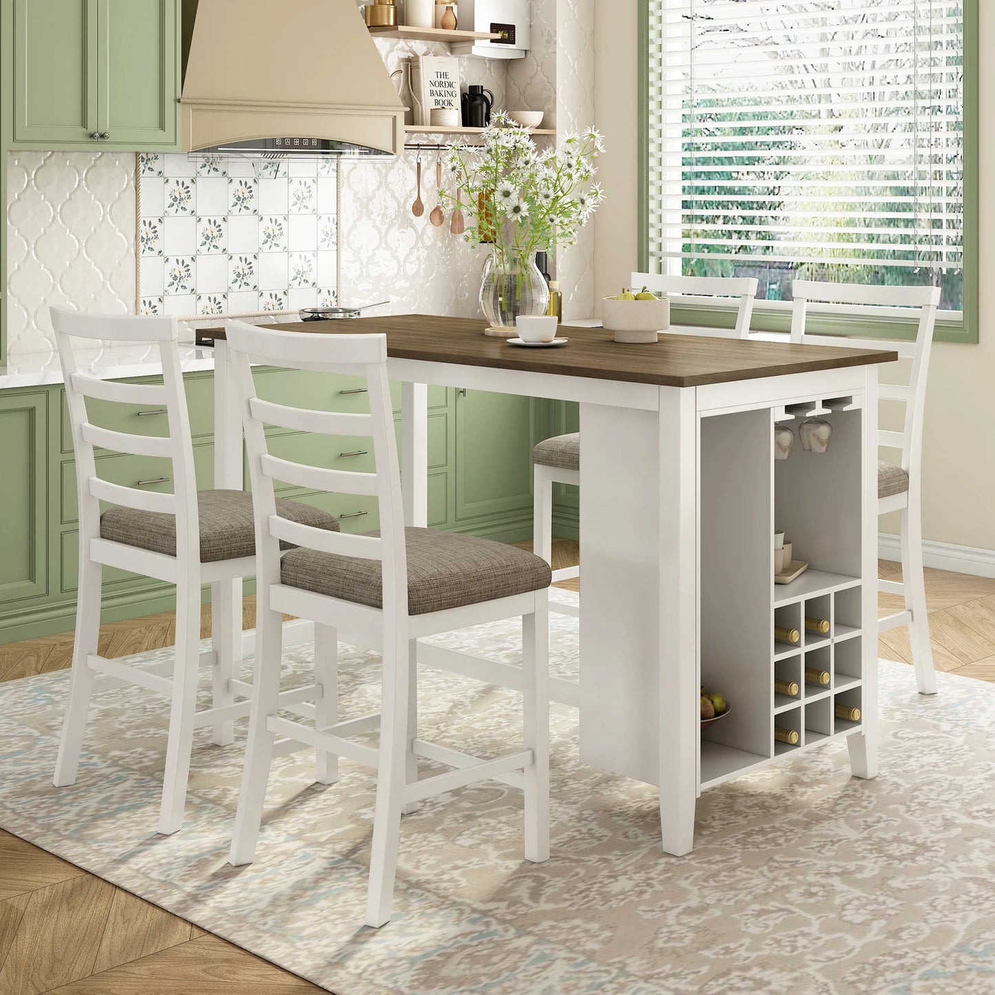 Rustic 5-Piece Dining Table Set With Wine Compartment