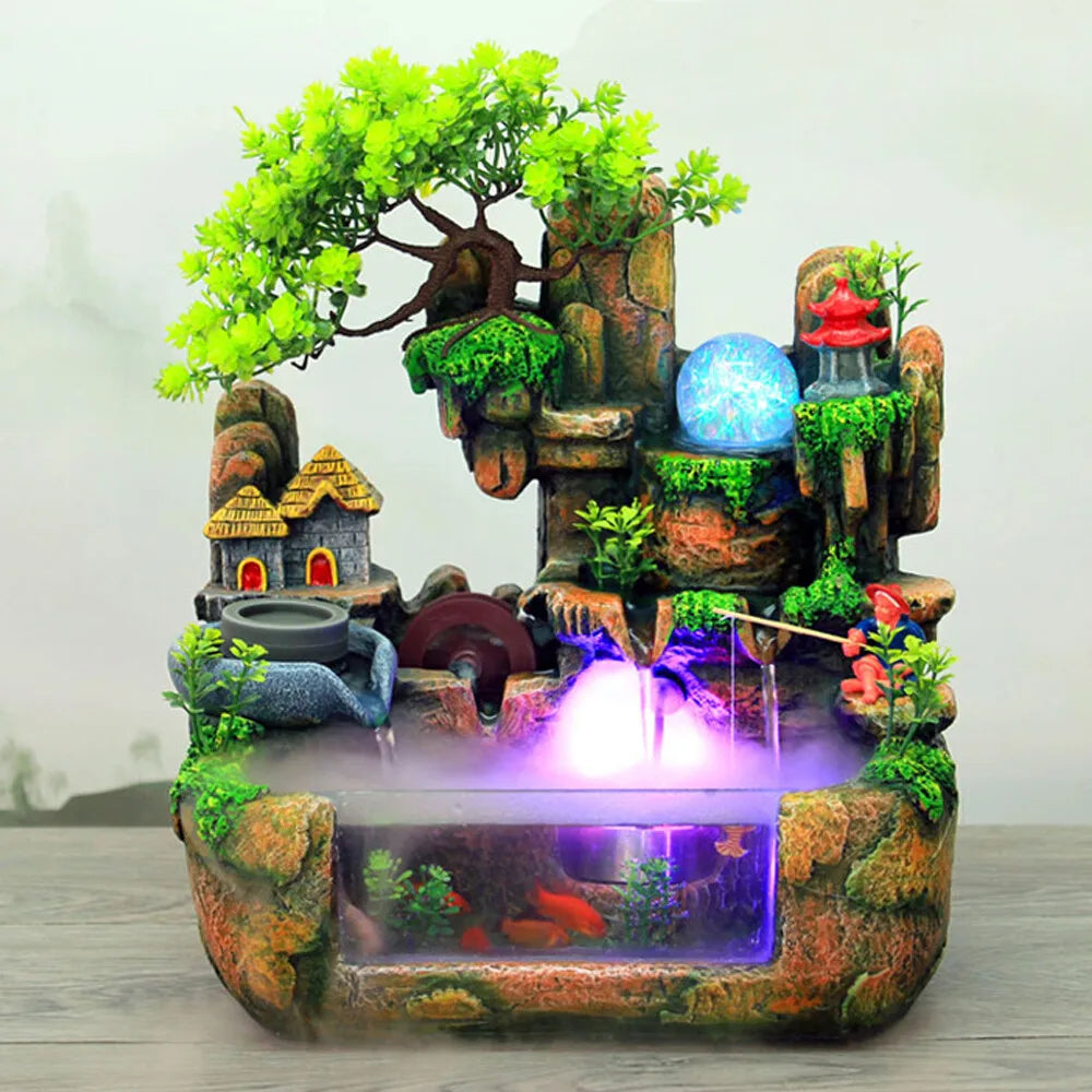 Indoor LED Water Fountain With Mist And Resin Rockery