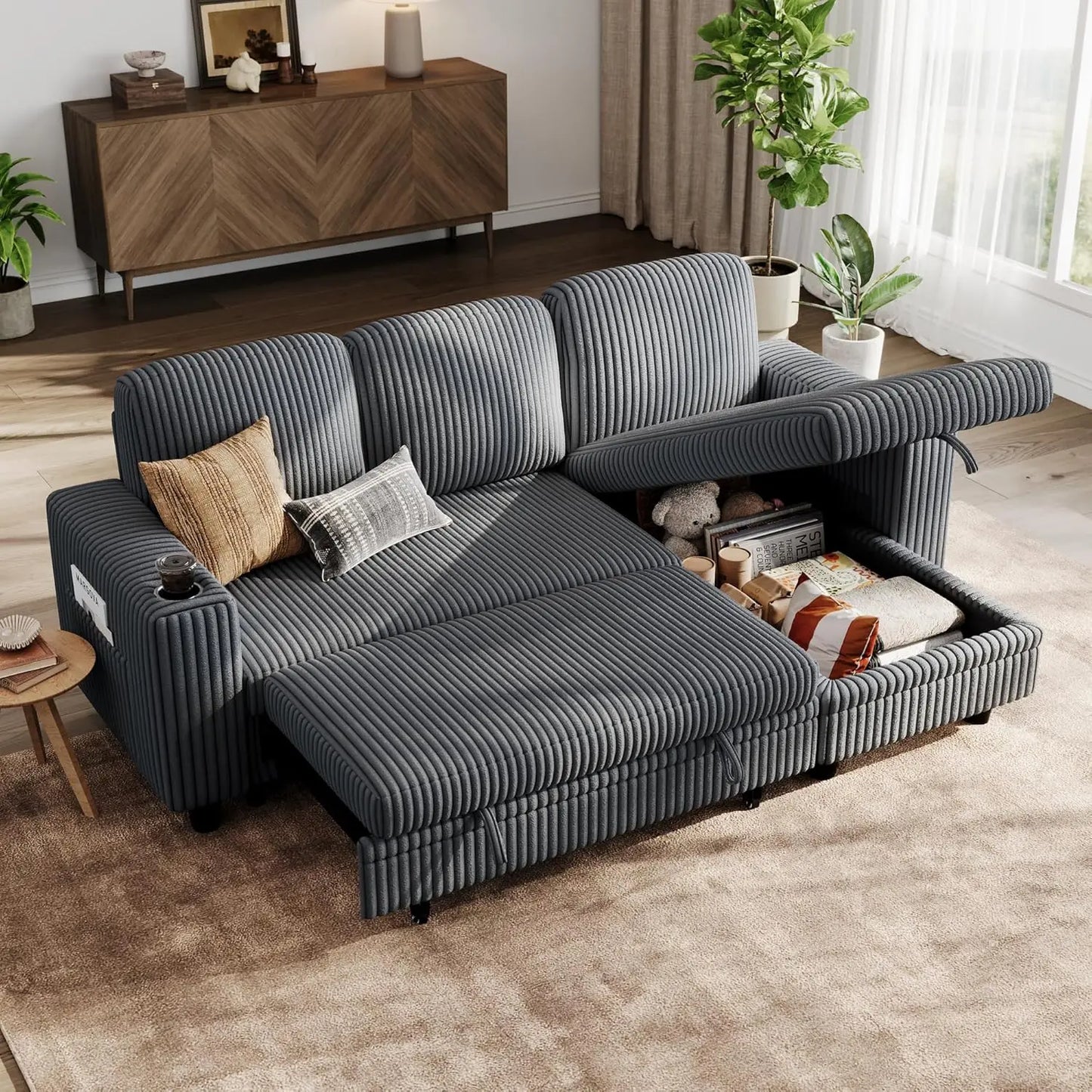 Corduroy Sectional Sleeper Sofa With Storage USB Charging