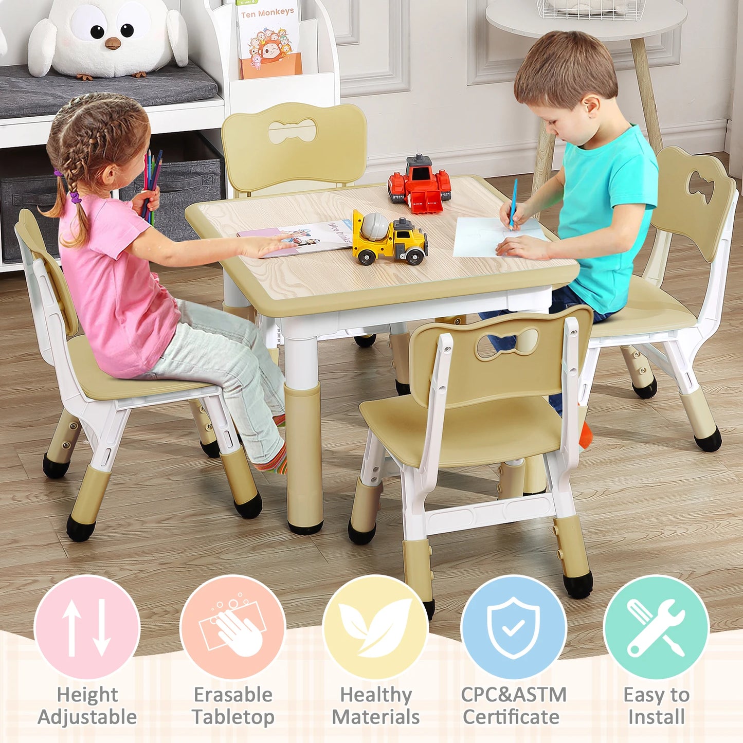 Height Adjustable Kids Table and Chairs Set for Arts and Crafts