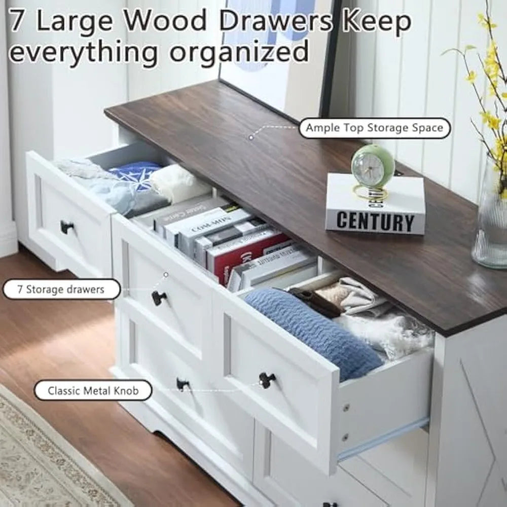 Farmhouse 7 Drawer Dresser With Charging Station White