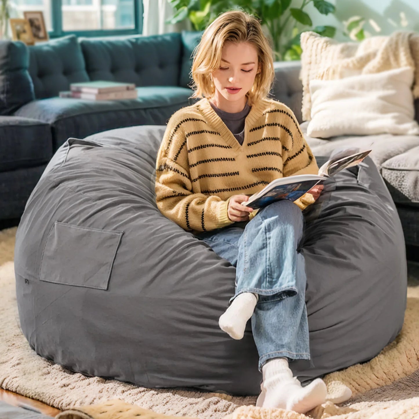 Oversized 3/4FT Bean Bag Chair with Washable Cover for Comfort