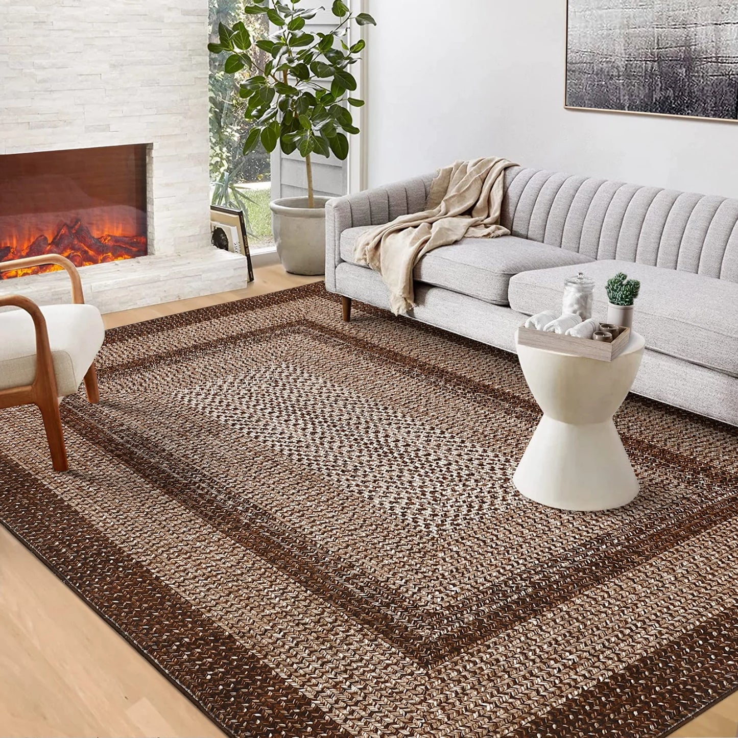 Washable Area Rug Non Slip Braided Print Living Room
