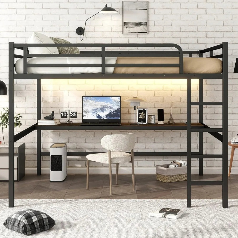 Queen Size Loft Bed With Desk LED And USB Charging