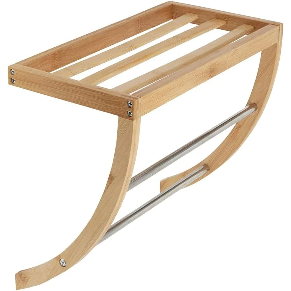 Durable Bamboo Wall Mounted Shelf with 2-Tier Towel Rack