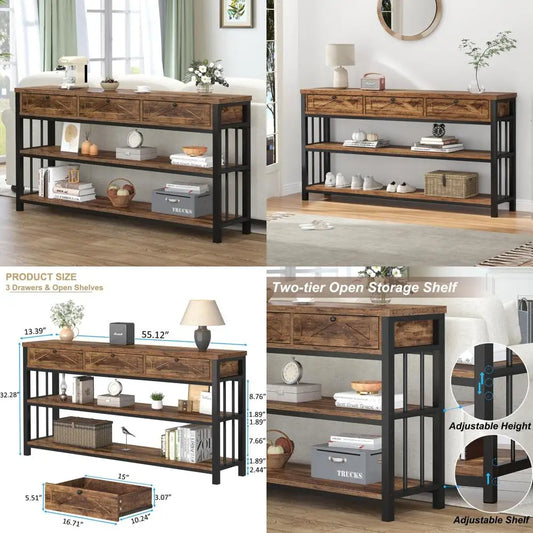 Rustic Three Drawer Entryway Table With Storage Shelves