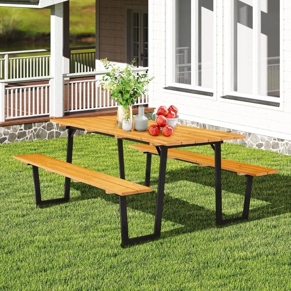 Wood Picnic Table Durable With Bench Set For Outdoor Patio