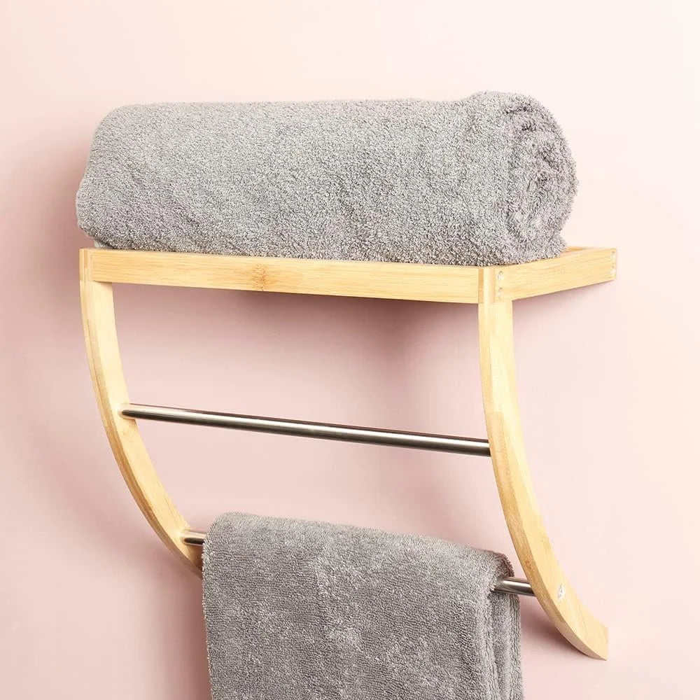 Durable Bamboo Wall Mounted Shelf with 2-Tier Towel Rack