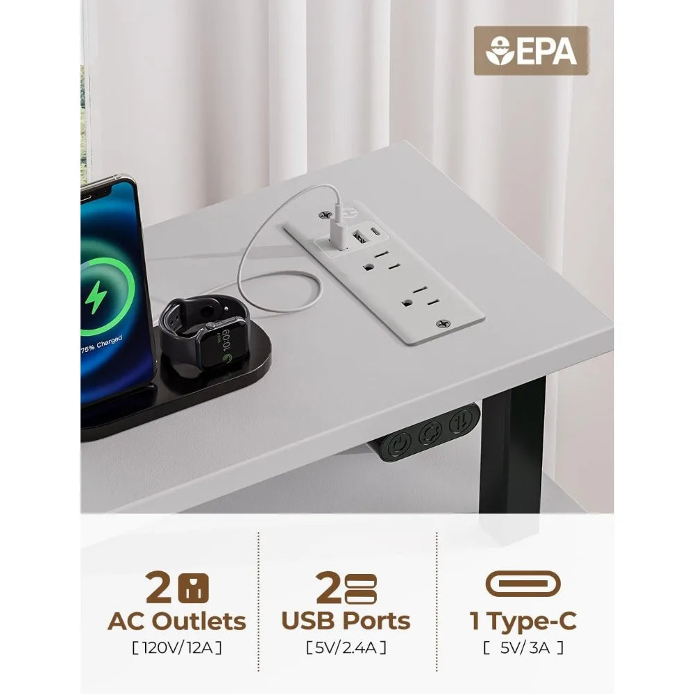 Space-Saving Computer Desk with Power Outlets and LED Lighting