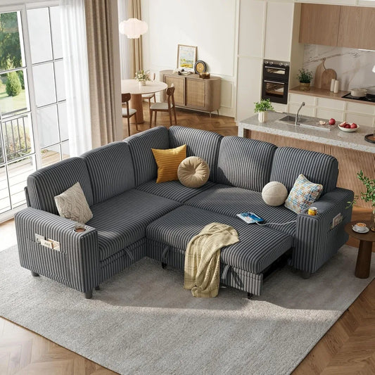 Corduroy Sectional Sleeper Sofa With Storage USB Charging