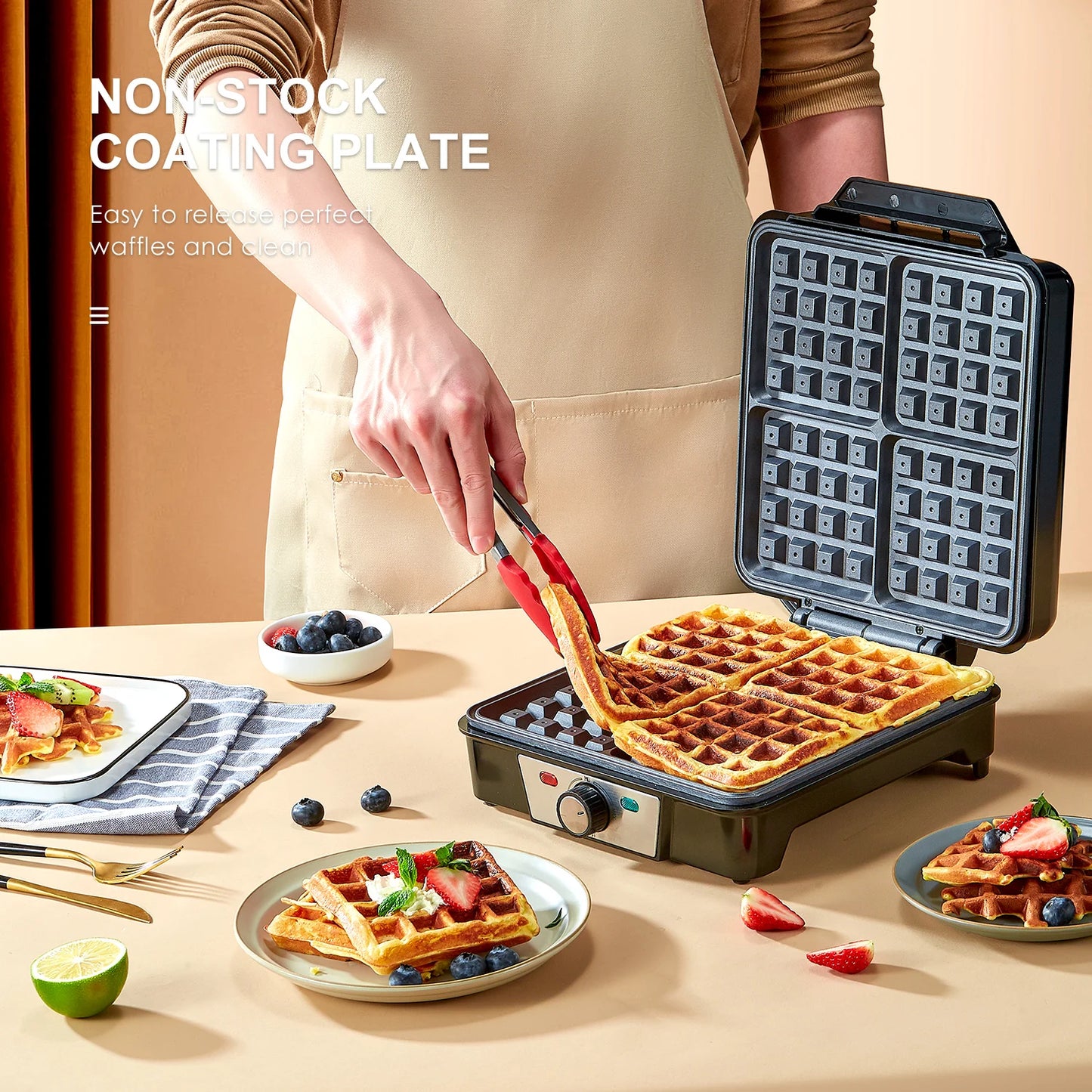 Belgian Waffle Maker 4 Slice Nonstick 3 Browning Levels